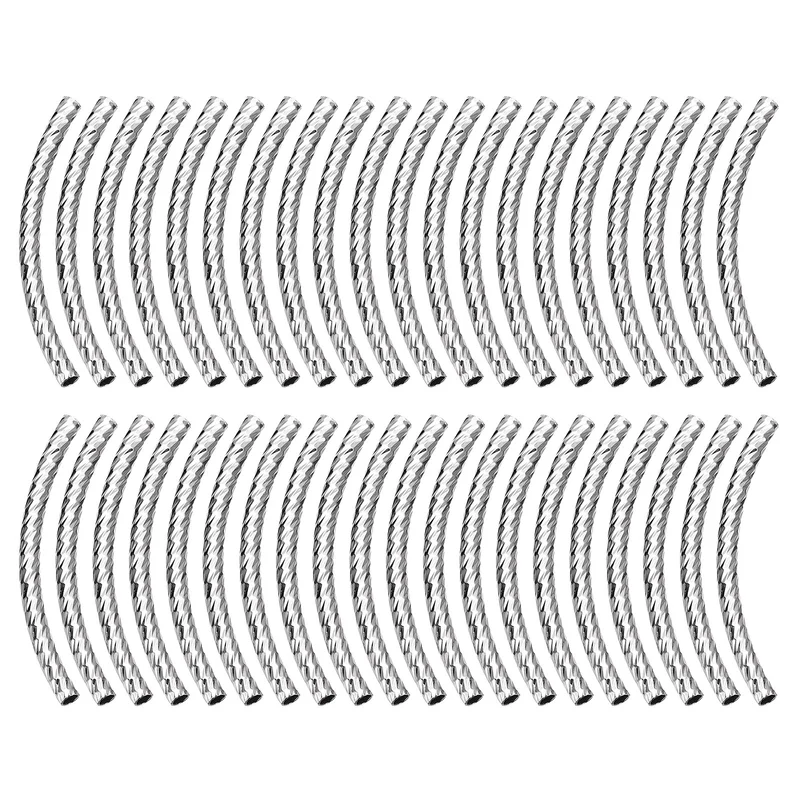 40Pcs Brass Curved Tube Beads, 3x40mm Noodles Spacer Bead, Silver Tone