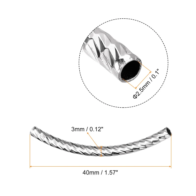 40Pcs Brass Curved Tube Beads, 3x40mm Noodles Spacer Bead, Silver Tone