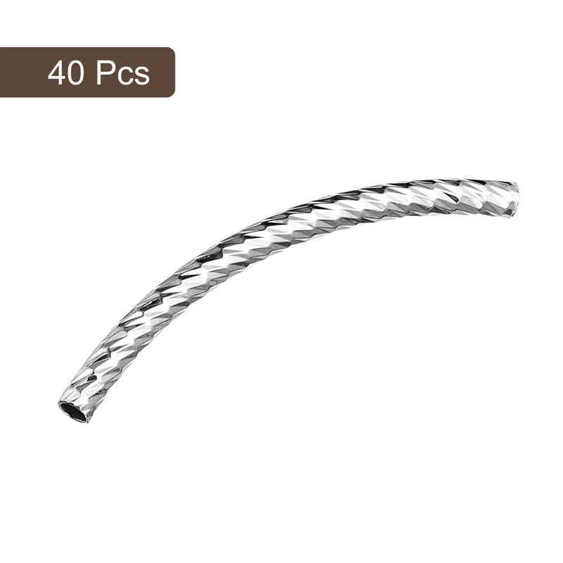 40Pcs Brass Curved Tube Beads, 3x40mm Noodles Spacer Bead, Silver Tone
