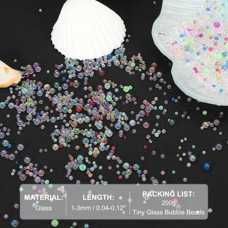 200g 1-3mm Glass Bubble Beads Iridescent No Hole Water Droplet Ball Colorful