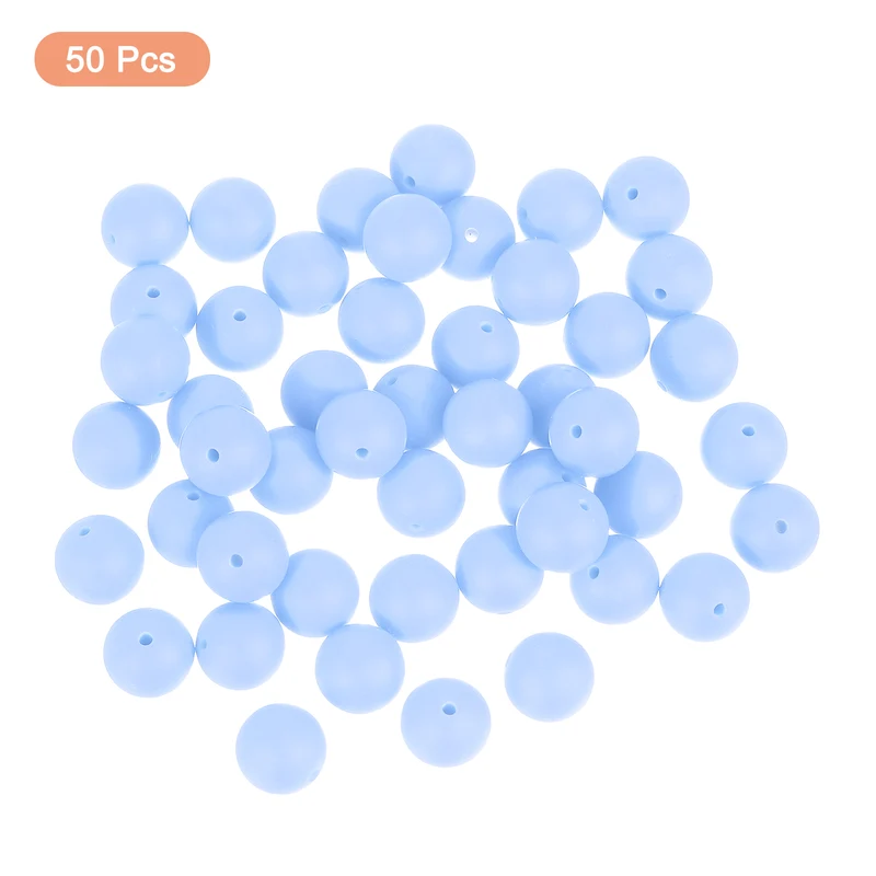 50Pcs 15mm Silicone Beads, Round Loose Rubber Bead for DIY (Cyan Blue)