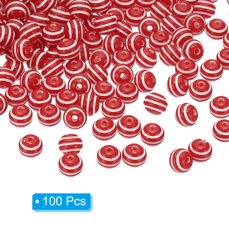 8mm Round Acrylic Rainbow Strip Beads for Jewelry, 100 Pcs, Red and White