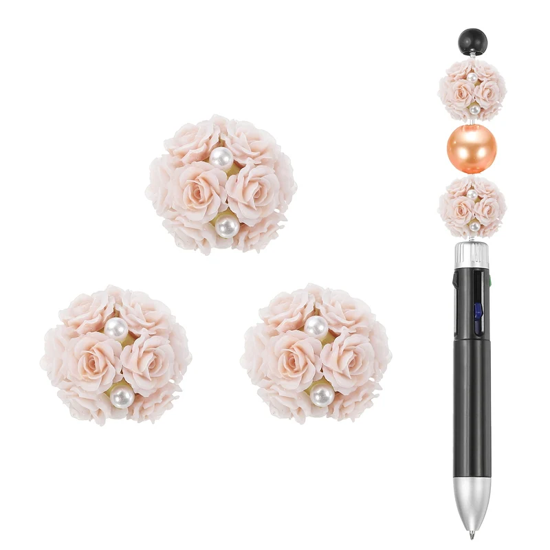 5 Pcs Rhinestone Focal Beads for Pens, 0.8" Glass Flower Beads, Gray/Pink