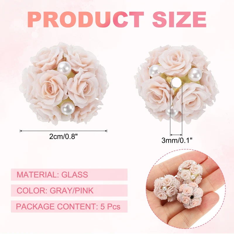 5 Pcs Rhinestone Focal Beads for Pens, 0.8" Glass Flower Beads, Gray/Pink