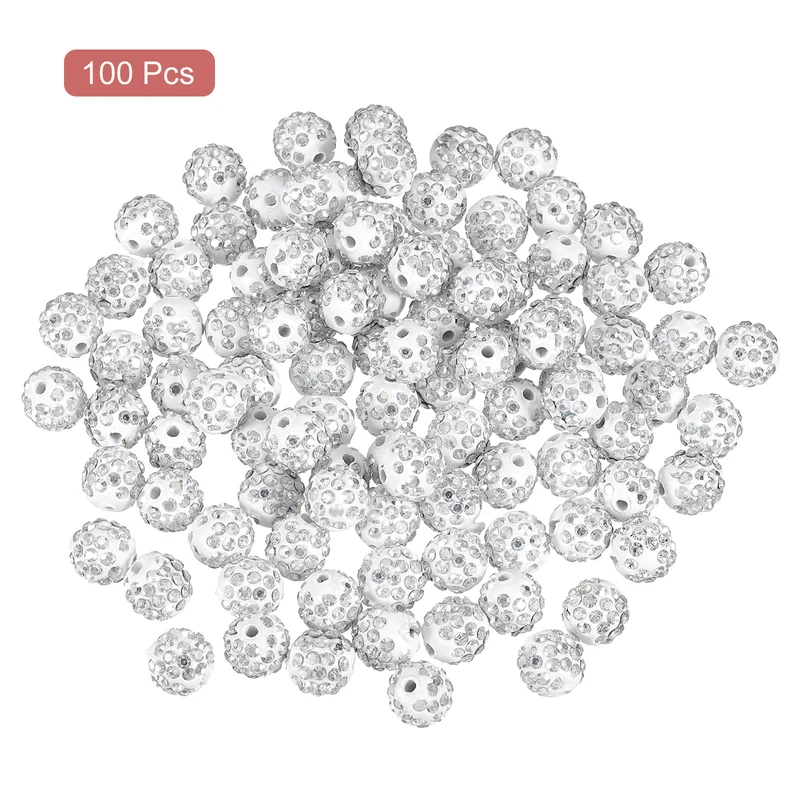 100Pcs 8mm Rhinestone Clay Beads, Polymer Clay Crystal Bead (White)
