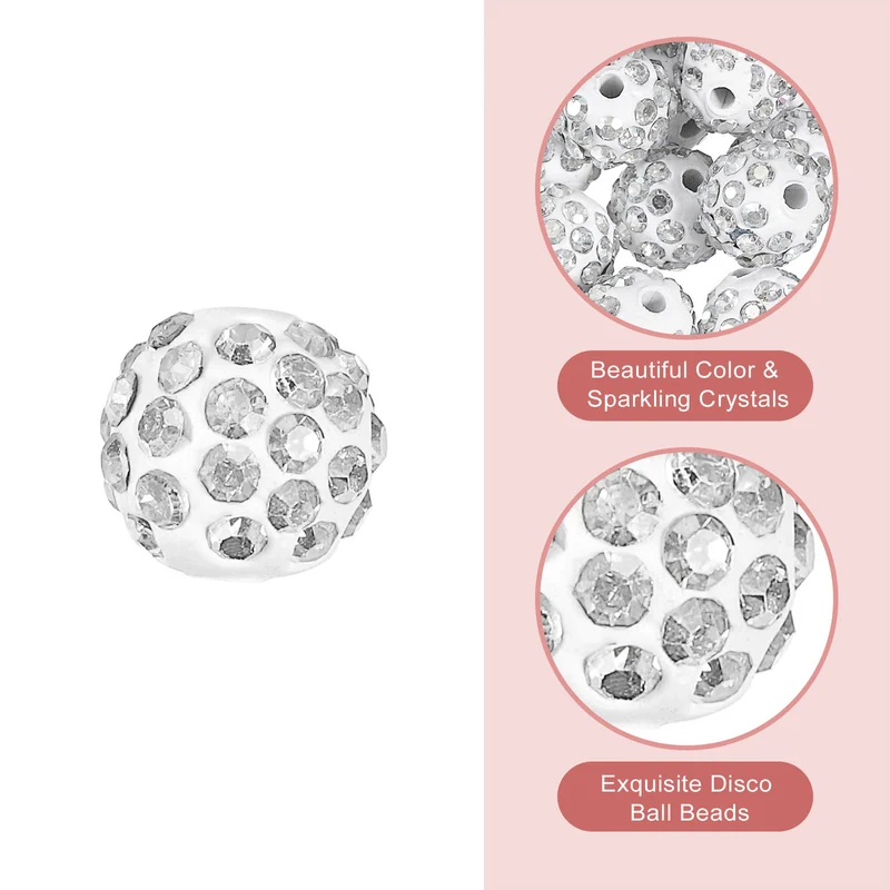 100Pcs 8mm Rhinestone Clay Beads, Polymer Clay Crystal Bead (White)