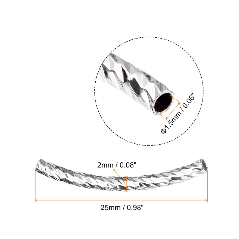 60Pcs Brass Curved Tube Beads, 2x25mm Noodles Spacer Bead, Silver White