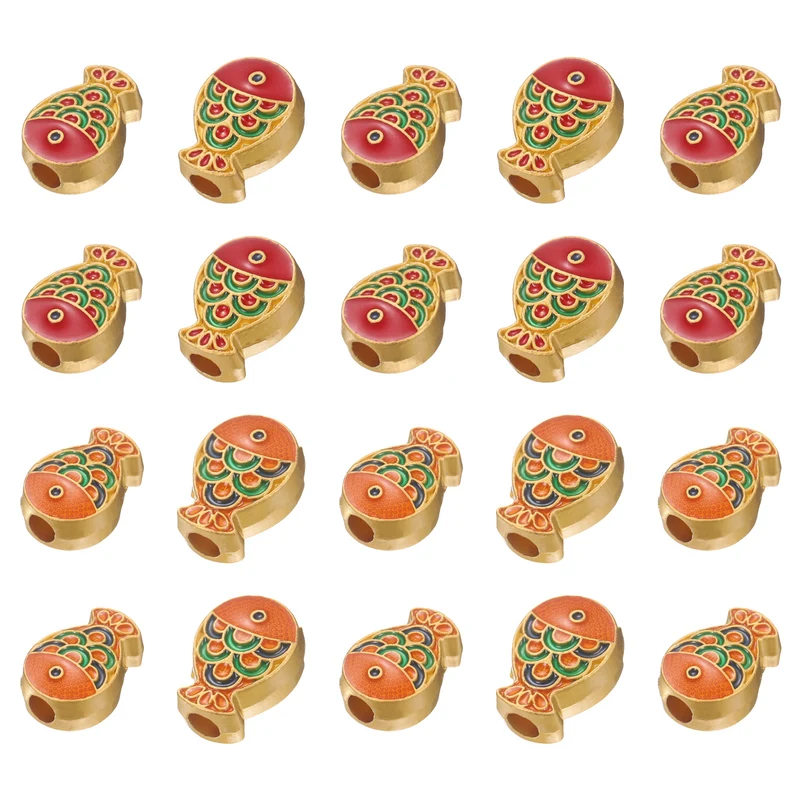 Gold Fish Beads, 20 Pcs Enamel Charm Beads Chinese Style, Red