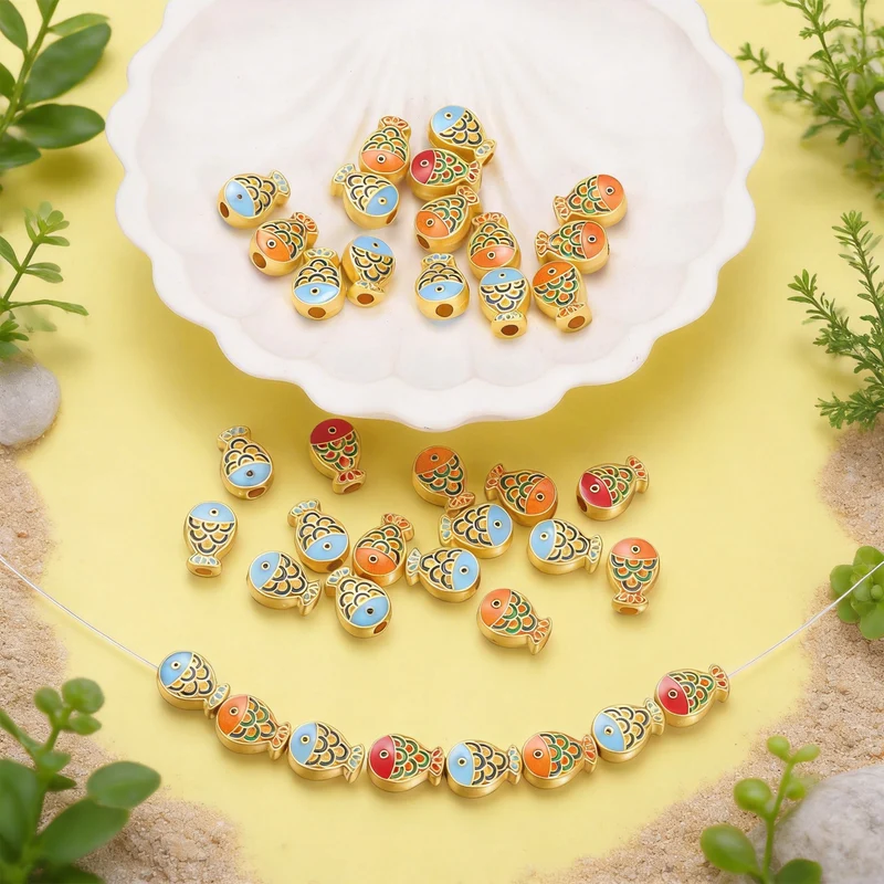 Gold Fish Beads, 20 Pcs Enamel Charm Beads Chinese Style, Red