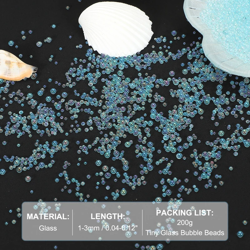 200g 1-3mm Glass Bubble Beads Iridescent No Hole Water Droplet Ball Sky Blue