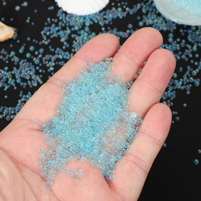 200g 1-3mm Glass Bubble Beads Iridescent No Hole Water Droplet Ball Sky Blue