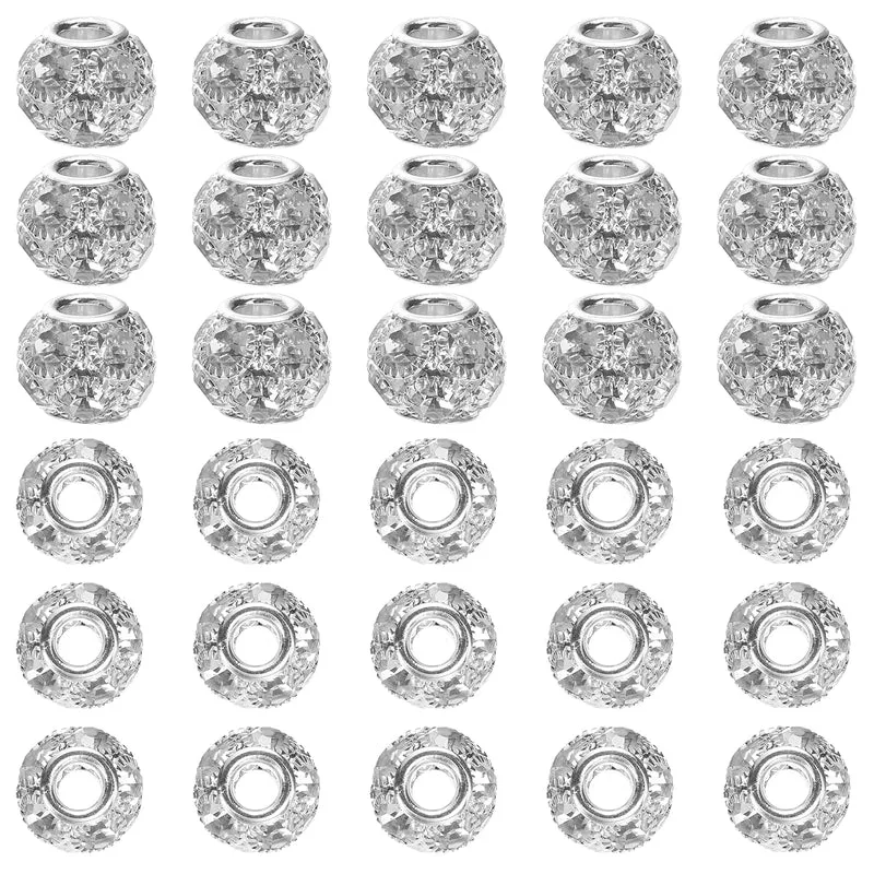 30Pcs Rhinestone Large Hole Beads, 14mm Crystal Charm Spacer Beads, Silver