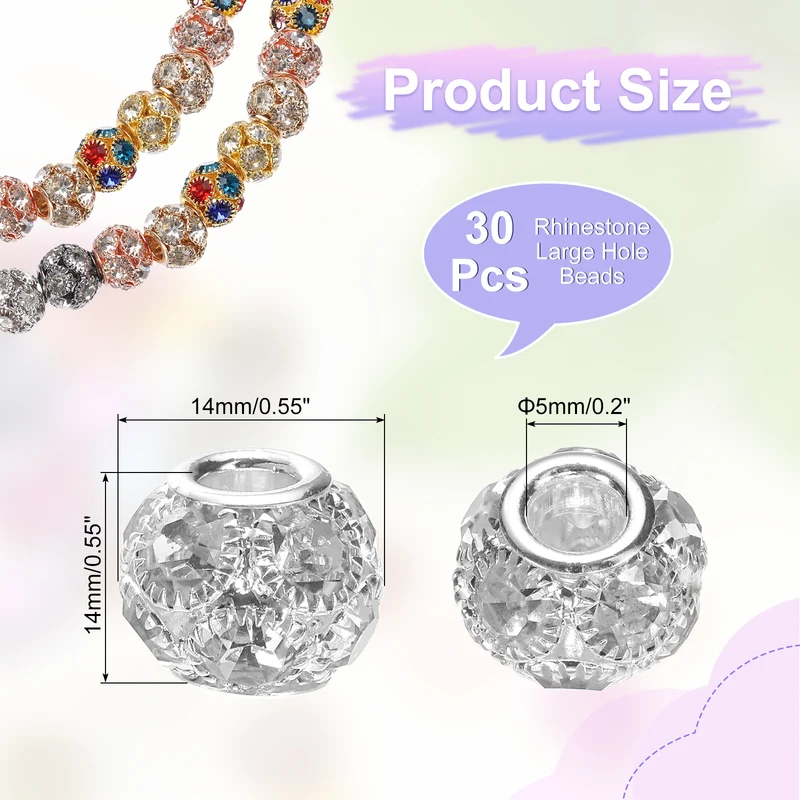 30Pcs Rhinestone Large Hole Beads, 14mm Crystal Charm Spacer Beads, Silver