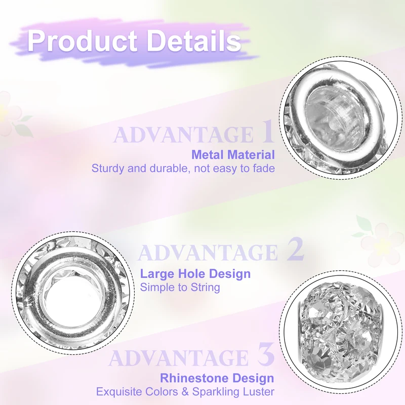 30Pcs Rhinestone Large Hole Beads, 14mm Crystal Charm Spacer Beads, Silver