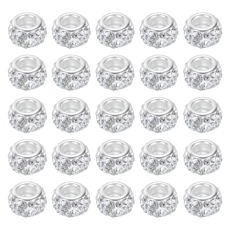 60Pcs 12mm Rhinestone European Beads, Large Hole Crystal Beads, White