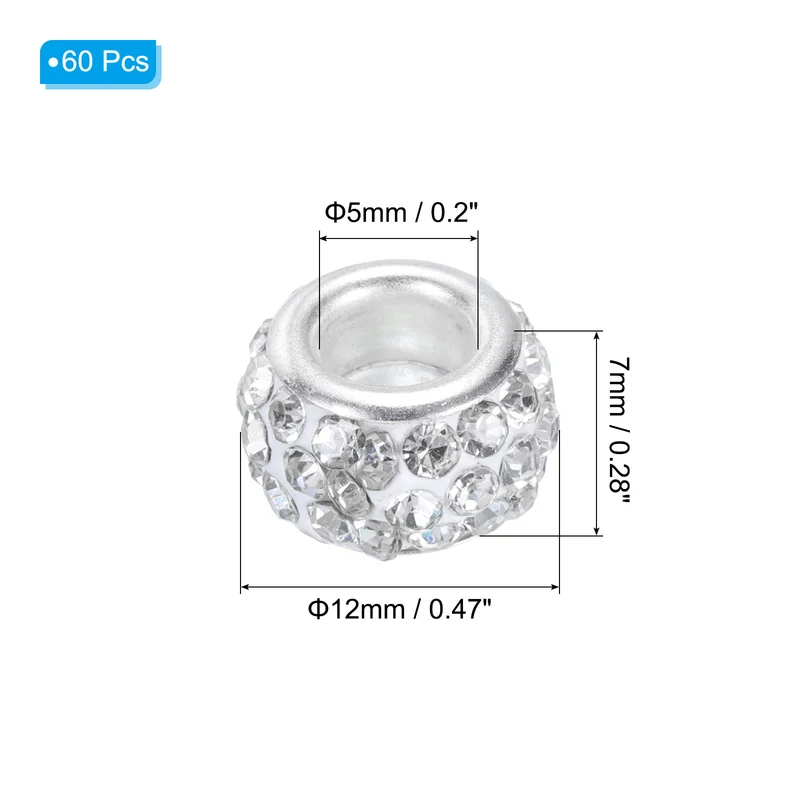60Pcs 12mm Rhinestone European Beads, Large Hole Crystal Beads, White