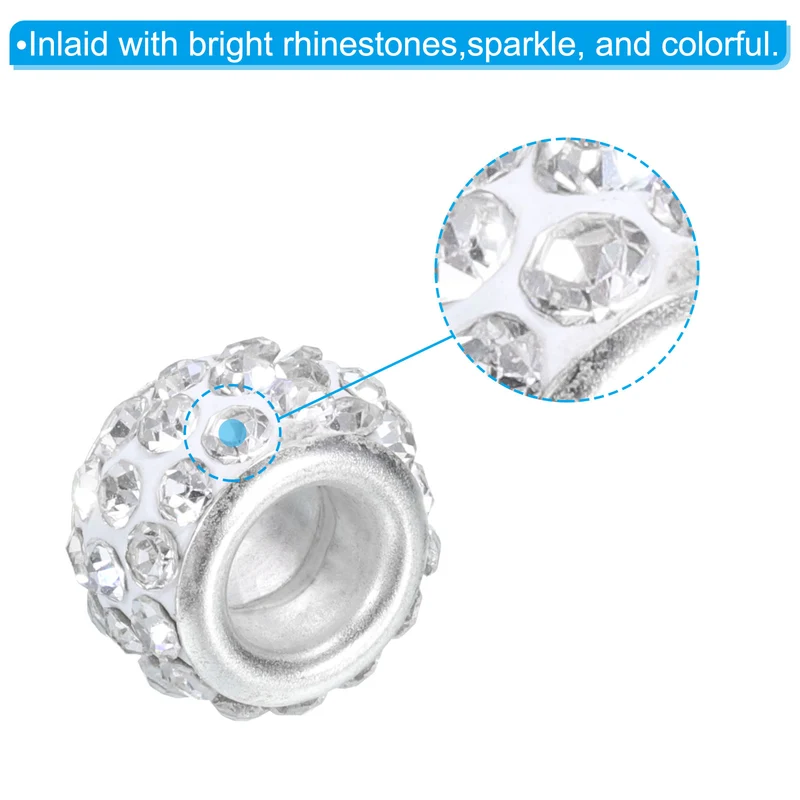 60Pcs 12mm Rhinestone European Beads, Large Hole Crystal Beads, White