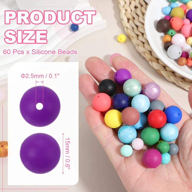 60 Pcs Silicone Beads, 15mm Bulk Beads for Keychain Making, Purple