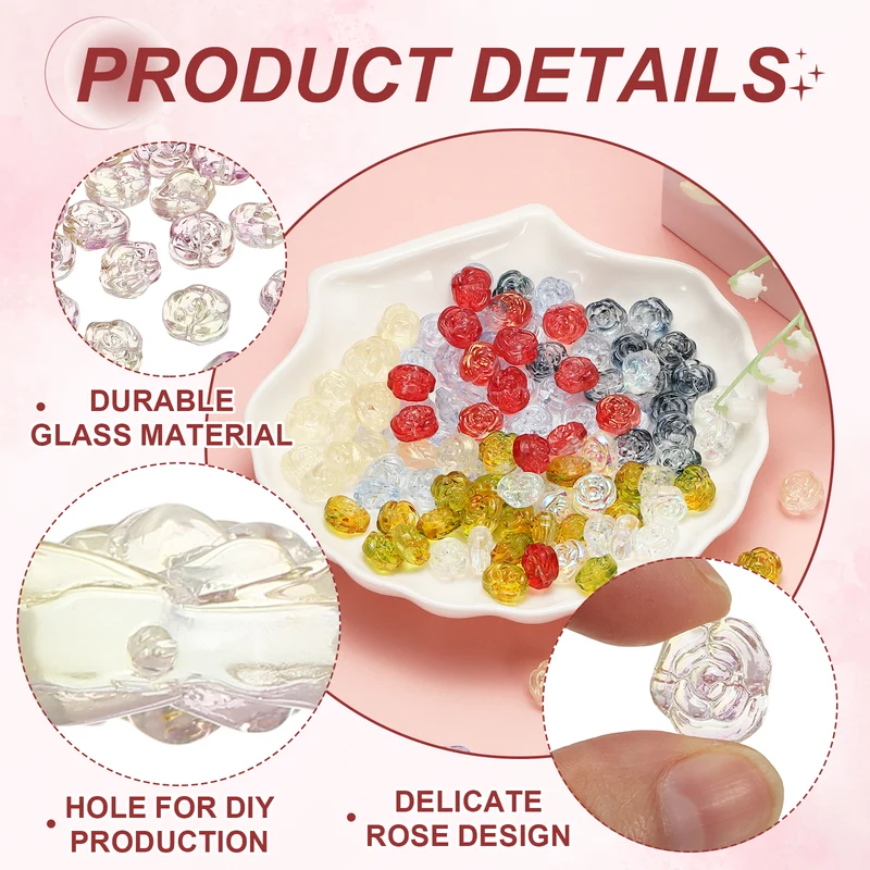 50Pcs Rose Beads 0.55" Glass Flower Rose Charm Purple