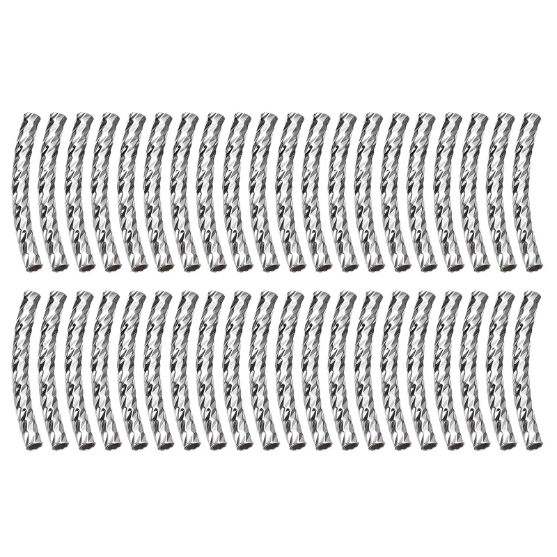 40Pcs Brass Curved Tube Beads, 2x20mm Noodles Spacer Bead, Silver Tone