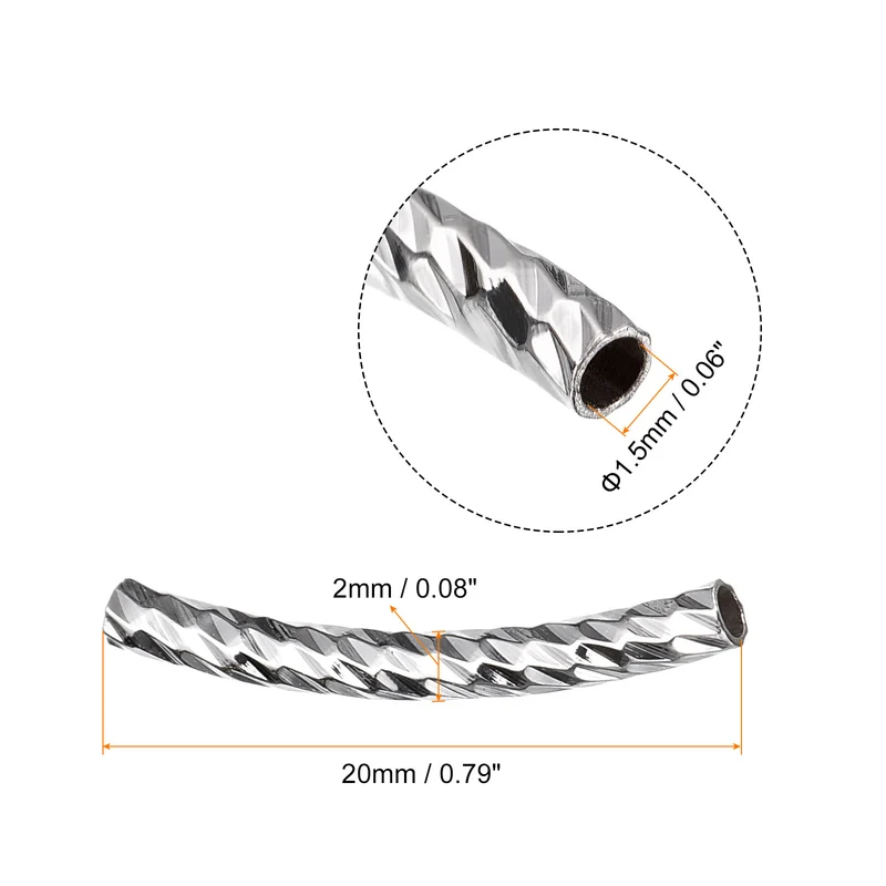 40Pcs Brass Curved Tube Beads, 2x20mm Noodles Spacer Bead, Silver Tone