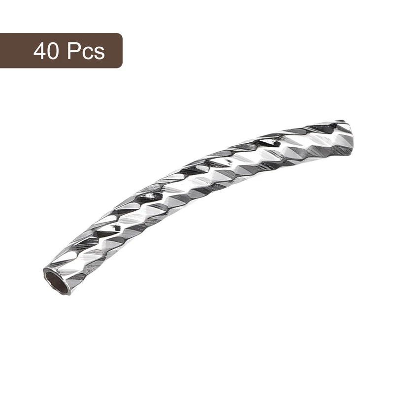 40Pcs Brass Curved Tube Beads, 2x20mm Noodles Spacer Bead, Silver Tone