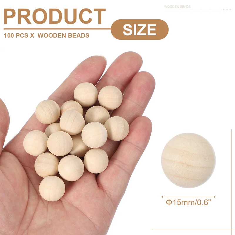 100 Pcs Wooden Balls, 0.6 Inch(15mm) Unfinished Wood Balls, Wood Color