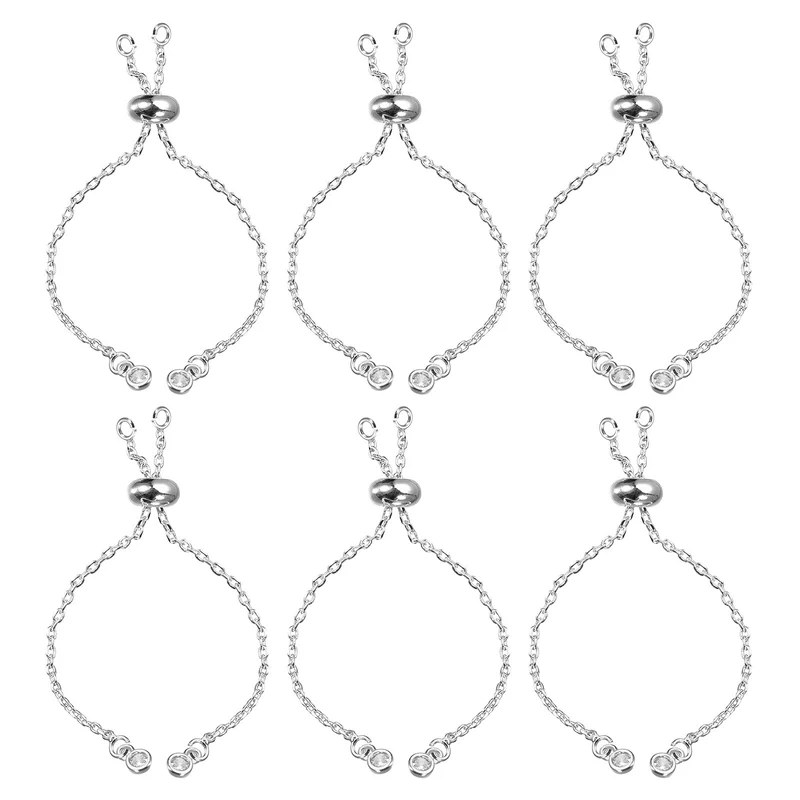 Adjustable Slider Bracelets, 6Pcs O Link Extender Connecting Chains with Rhinestone Ends for DIY Jewelry Making (Silver Tone)