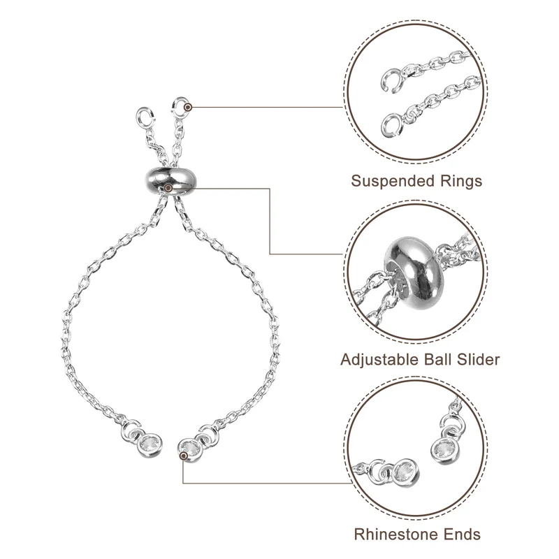 Adjustable Slider Bracelets, 6Pcs O Link Extender Connecting Chains with Rhinestone Ends for DIY Jewelry Making (Silver Tone)