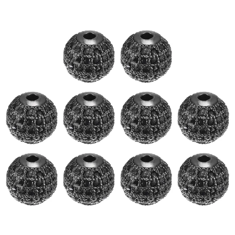 Charm Rhinestone Beads, 10Pcs 10mm Zircon Pave Spherical Spacer Beads for Bracelet Jewelry Making (Metallic Black+Black)