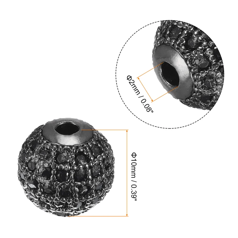 Charm Rhinestone Beads, 10Pcs 10mm Zircon Pave Spherical Spacer Beads for Bracelet Jewelry Making (Metallic Black+Black)
