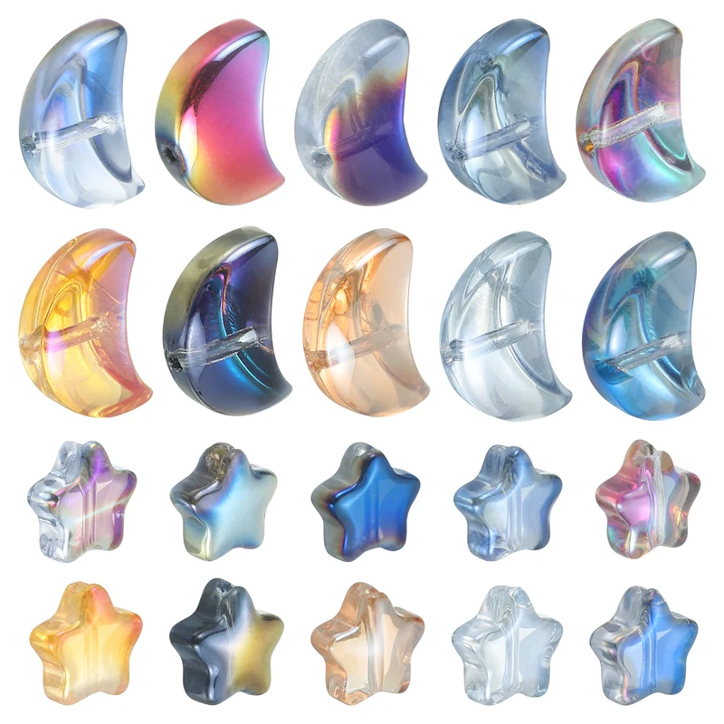 60Pcs Star Moon Shaped Beads, 2 Style Acrylic Spacer Beads Mix Colors
