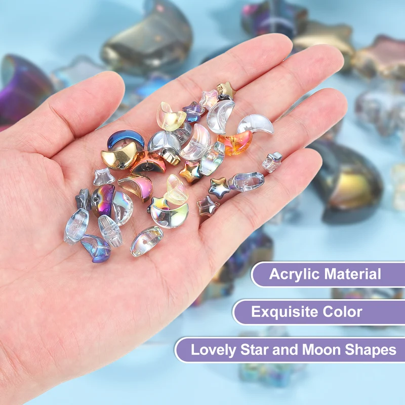 60Pcs Star Moon Shaped Beads, 2 Style Acrylic Spacer Beads Mix Colors