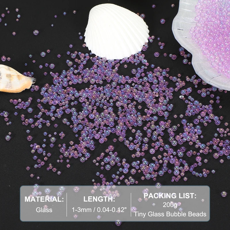 200g 1-3mm Glass Bubble Beads Iridescent No Hole Water Droplet Ball Light Purple