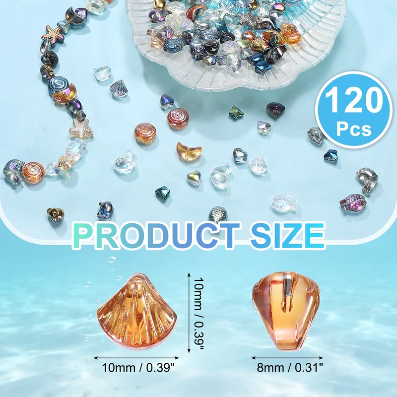 120Pcs Shell Glass Beads, Electroplate Glass Shell Bead Charm, Clear Gold
