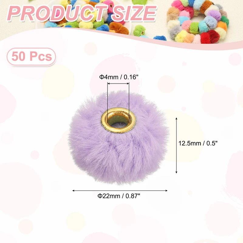 50Pcs Pom Pom Beads, Faux Fur Fuzzy Spacers Bead with 4mm Hole, Pink Purple