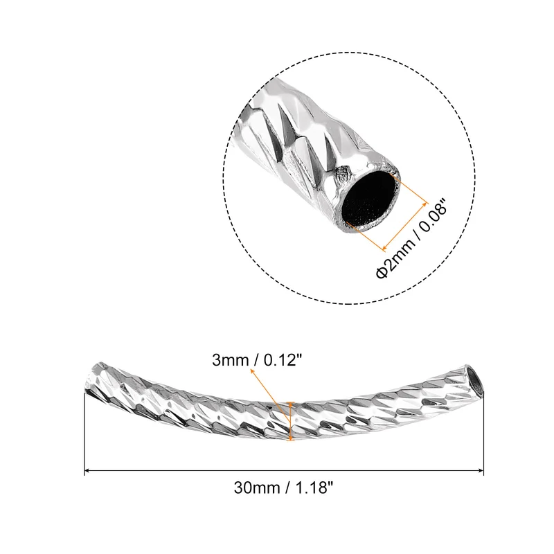 60Pcs Brass Curved Tube Beads, 3x30mm, Silver White