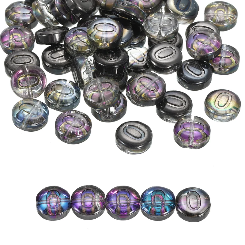 60Pcs Glass Letter Beads, 10mm O Initial Letter Spacer Beads, Black Purple
