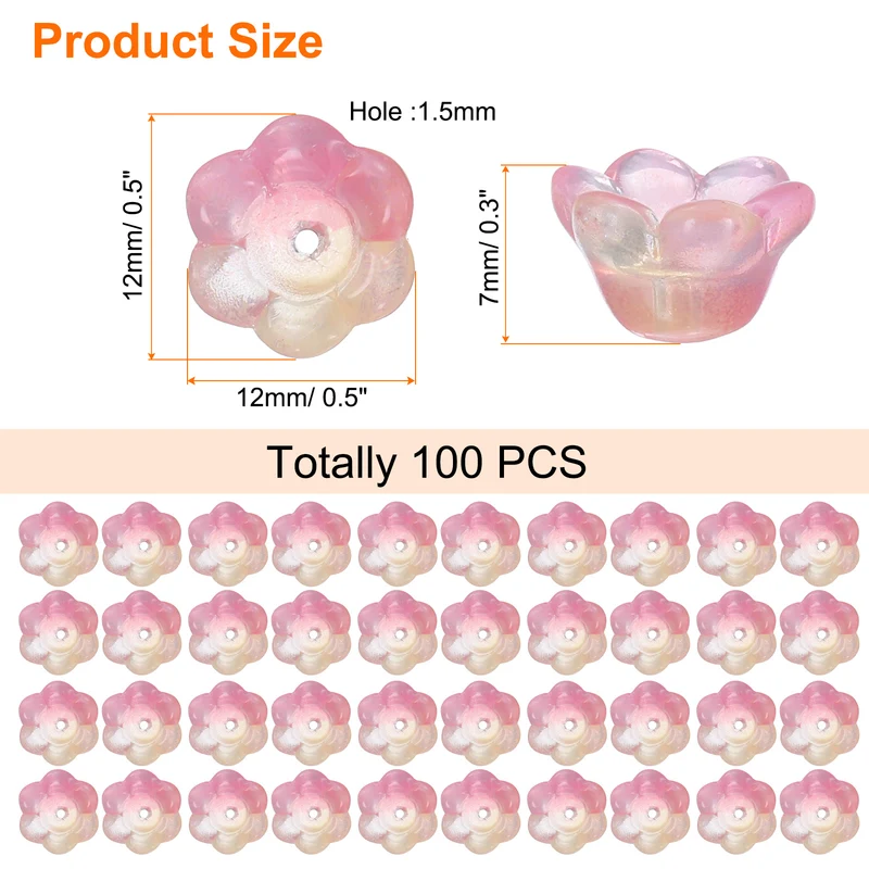 100Pcs Glass Flower Beads for Jewelry Making Loose Bead Charm Yellow/Pink