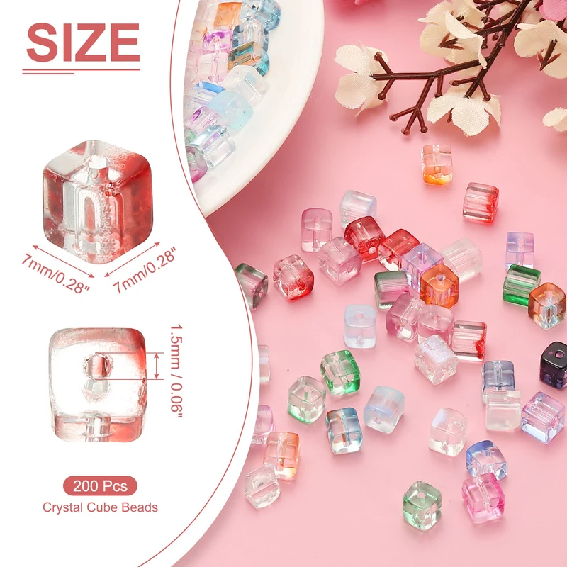 200 Pcs Crystal Cube Beads, 7mm Faceted Square Spacer Beads, Red