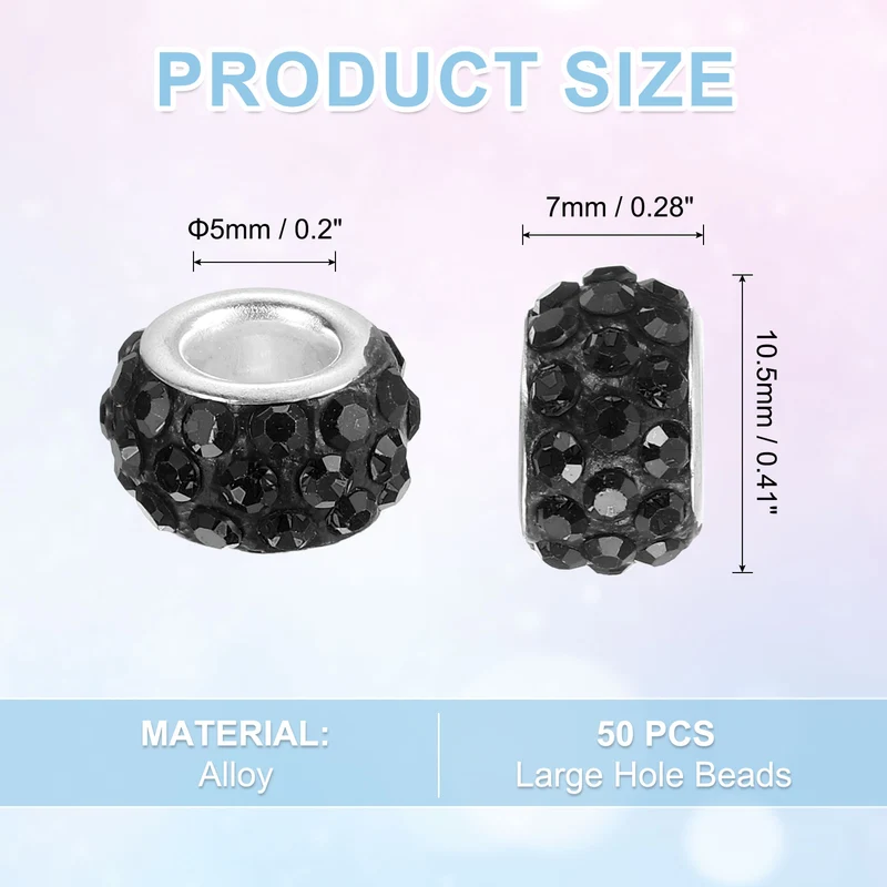 50Pcs European Large Hole Beads, Rhinestone Craft Beads, Black