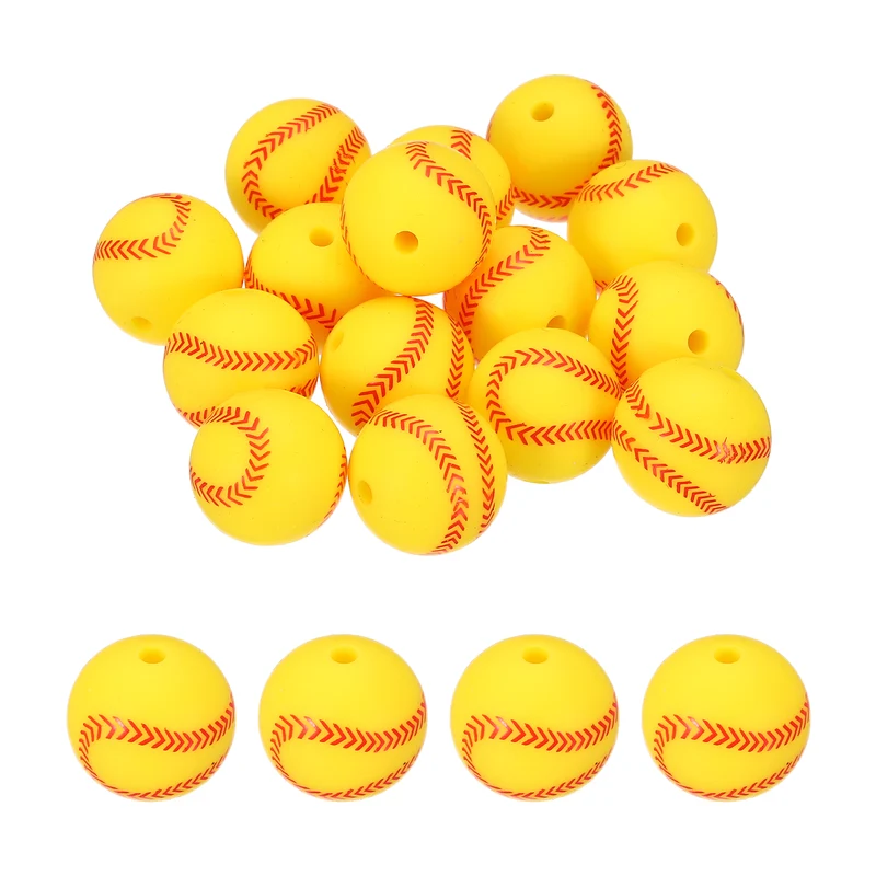 15 Pcs Silicone Sports Beads, 15mm Ball Shaped Beads, Yellow Baseball