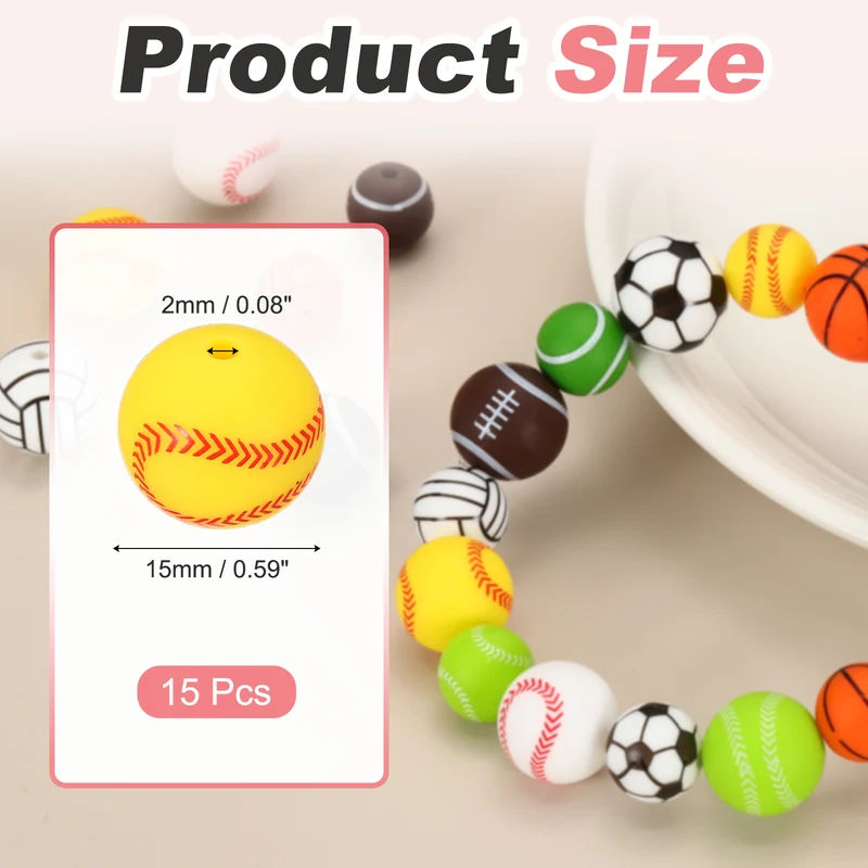 15 Pcs Silicone Sports Beads, 15mm Ball Shaped Beads, Yellow Baseball
