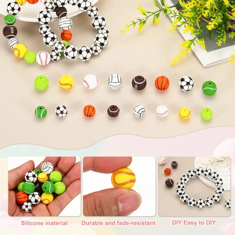 15 Pcs Silicone Sports Beads, 15mm Ball Shaped Beads, Yellow Baseball