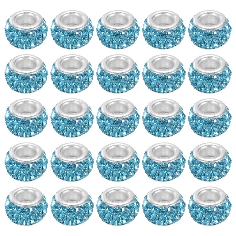 60Pcs 12mm Rhinestone European Beads, Large Hole Crystal Beads, Lake Blue