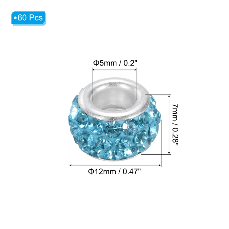 60Pcs 12mm Rhinestone European Beads, Large Hole Crystal Beads, Lake Blue