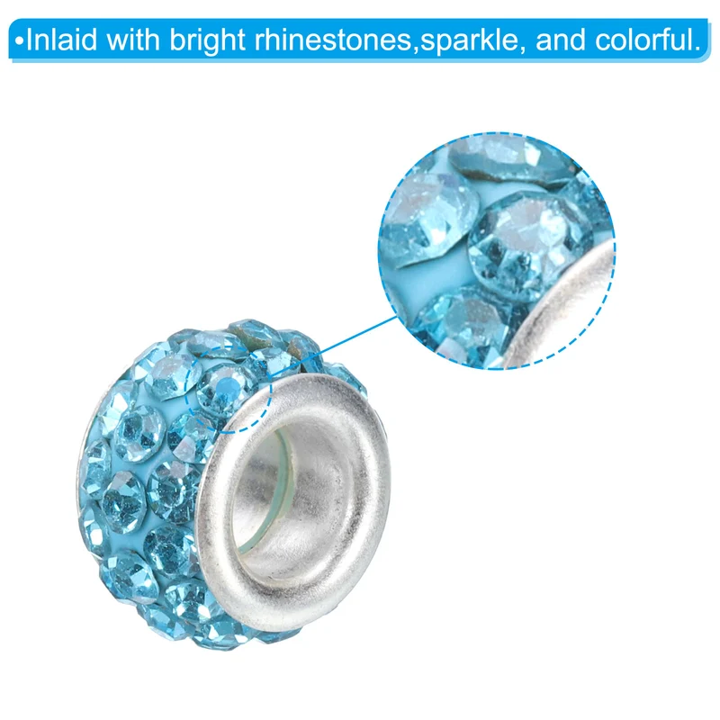 60Pcs 12mm Rhinestone European Beads, Large Hole Crystal Beads, Lake Blue