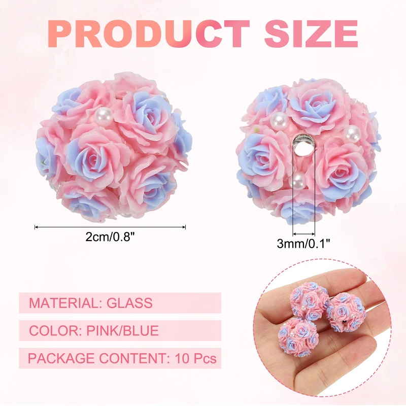 10 Pcs Rhinestone Focal Beads for Pens, 0.8" Glass Flower Beads, Pink/Blue
