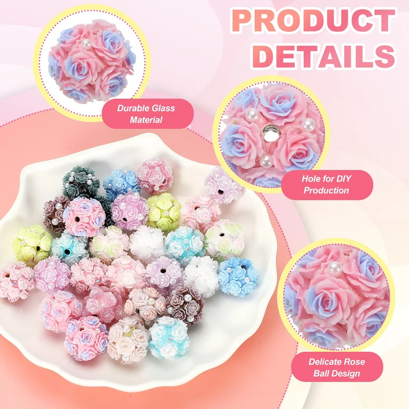 10 Pcs Rhinestone Focal Beads for Pens, 0.8" Glass Flower Beads, Pink/Blue