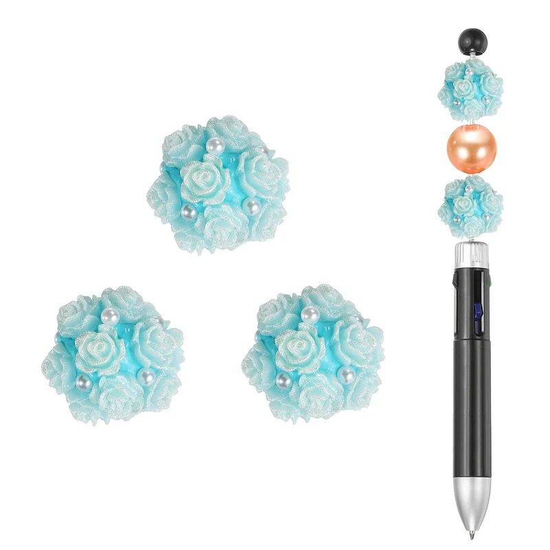 5 Pcs Rhinestone Focal Beads for Pens, 0.8" Glass Flower Beads, Light Blue